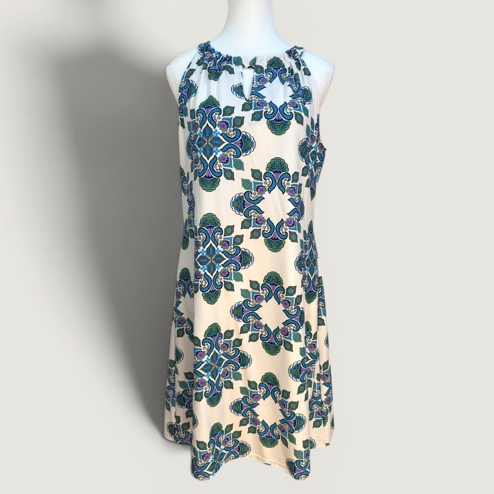 Jude Connally Shift Dress Large White Blue Green Medallion Halter Mod Resort